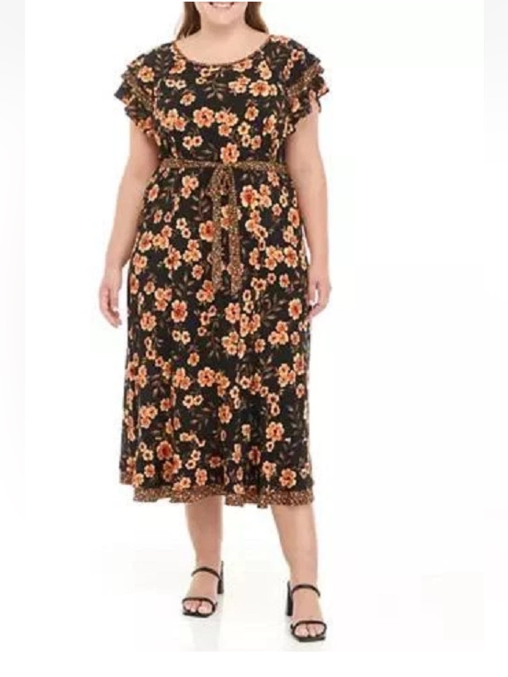 Perceptions NY Floral Midi Dress Size L Petite Flutter Sleeve Tie Waist